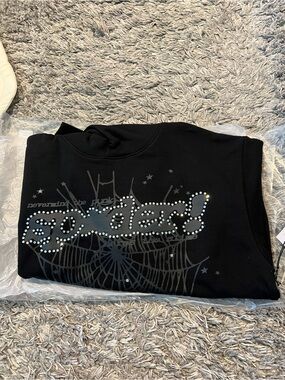 Sp5der Rhinestone P*nk V2 Triple Black Hoodie Sz Medium